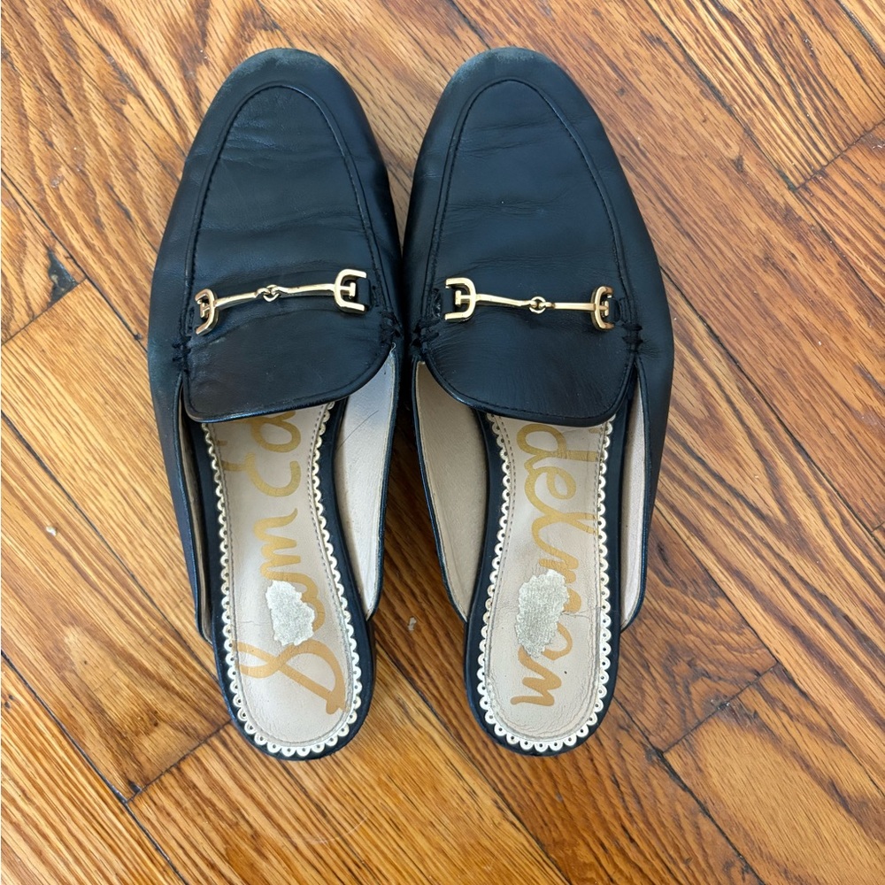 Sam Edelman Black Leather Mule Loafers with Gold Bit